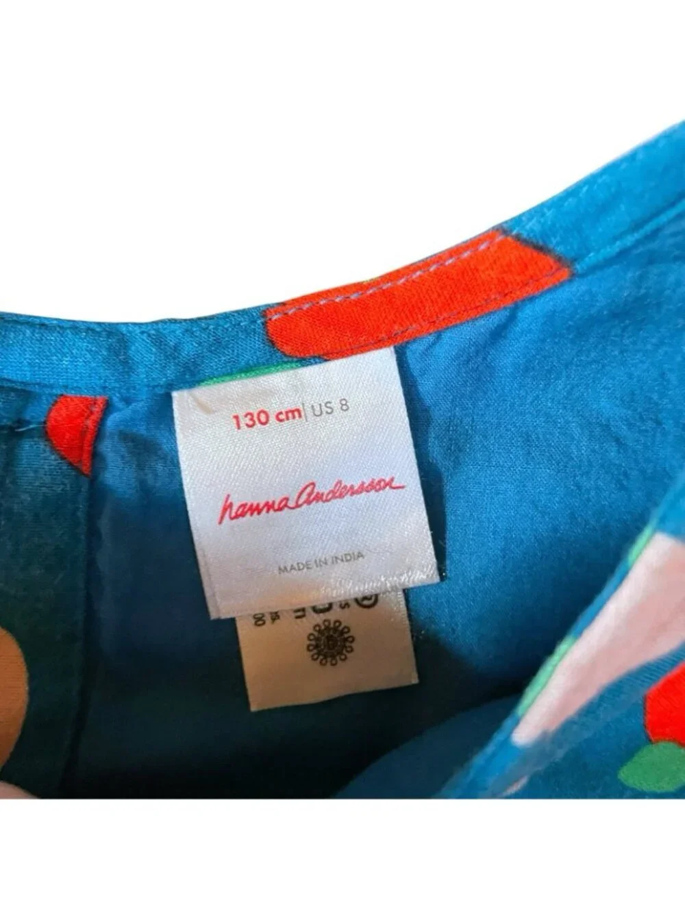 Hanna Andersson Girls Dress Sz 8 130 Blue Red Pink Apple Print Long Sleeve